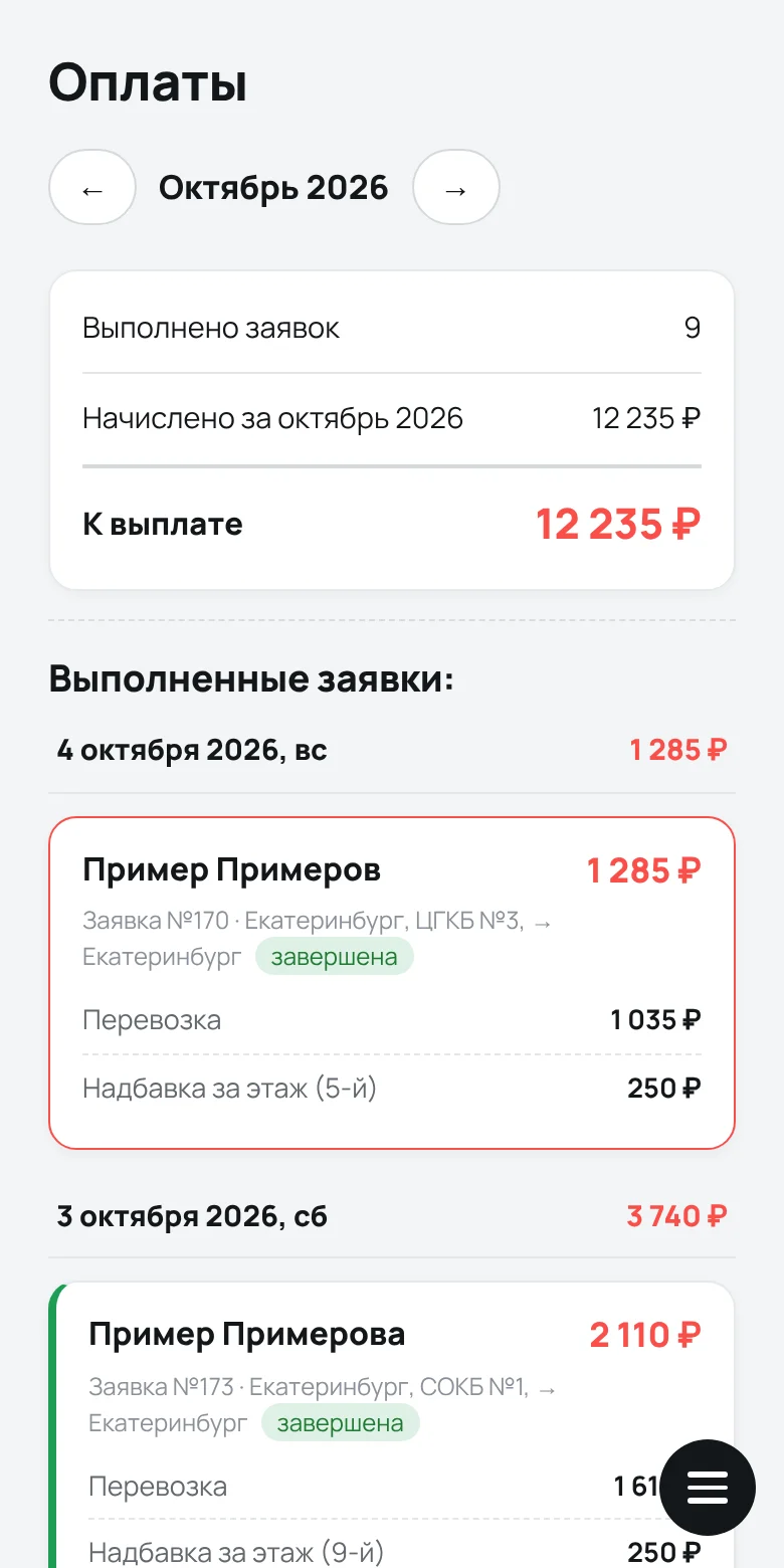 Кабинет водителя на телефоне: начисления за месяц